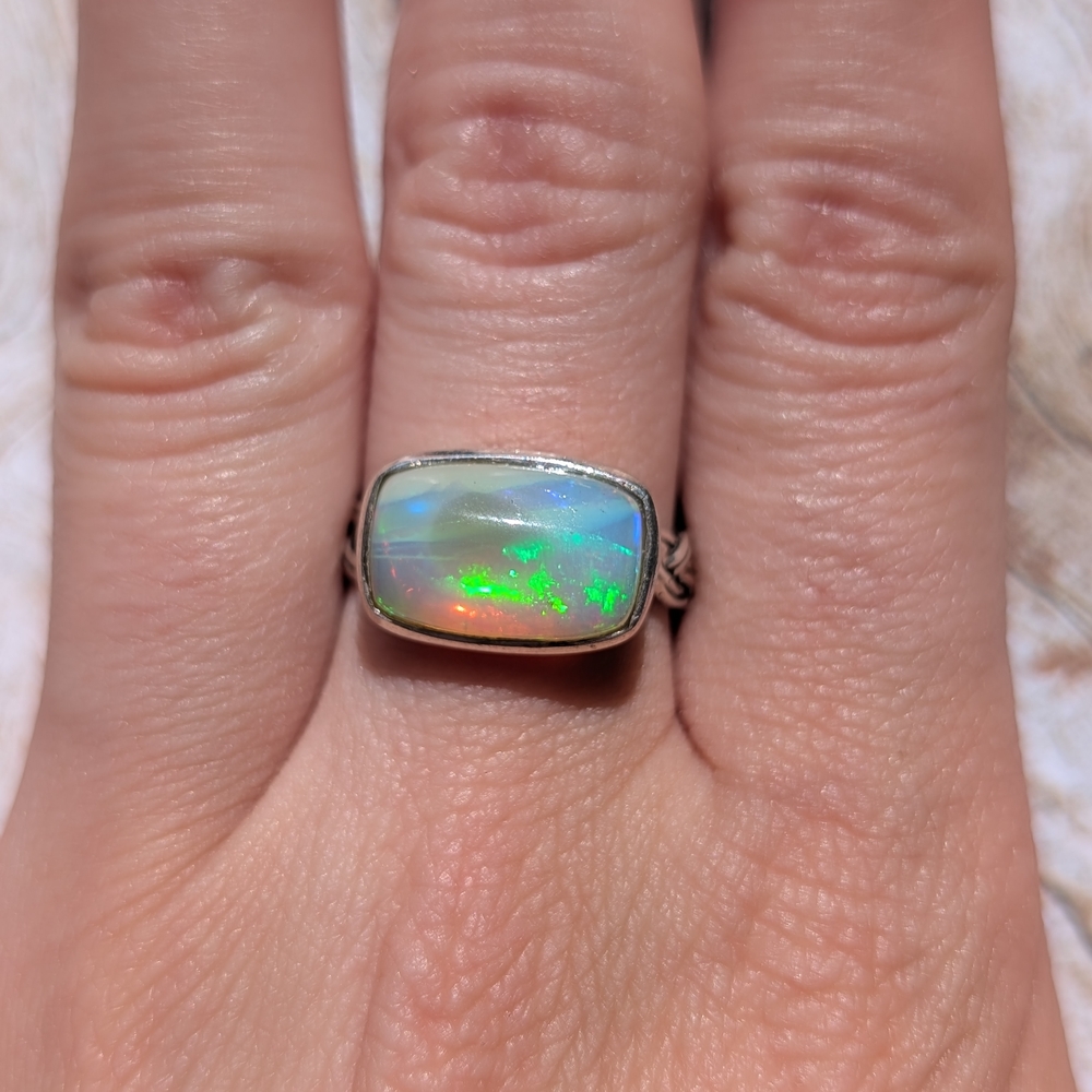 Sterling Silver Opal Rectangle Ring with Green-Blue Fire